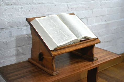 Book Display Stand, Single Book, Bible Stand, Wooden Ideas, Wood Art Diy, Antique Bookcase, Bookcases For Sale, Church Furniture, Bible Book