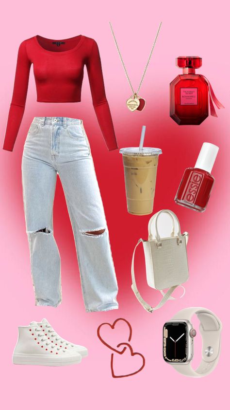 Valentine Outfit Ideas For School, Valentines Outfits Aesthetic Casual, Valentines Outfits Work, Valentines Day Outfit Inspo Aesthetic, Outfit Inspo Valentines Day, Valentine School Outfit, Valatines Day Outfits, Casual Vday Outfit, Valentin Outfit Ideas