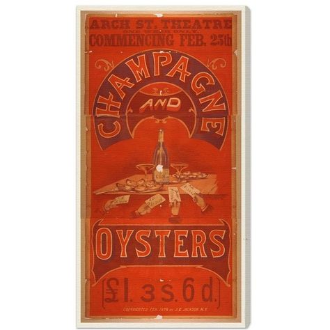 Oliver Gal 'Champagne & Oysters' Canvas Print ($165) ❤ liked on Polyvore featuring home, home decor, wall art, red, red wall art, red home decor, vintage home decor and vintage wall art Champagne And Oysters, Bubbly Bar, Vintage Theatre, Vintage Advertisement, Awesome Art, Oliver Gal, Champagne Bottle, New Wall, Wall Art Canvas Prints