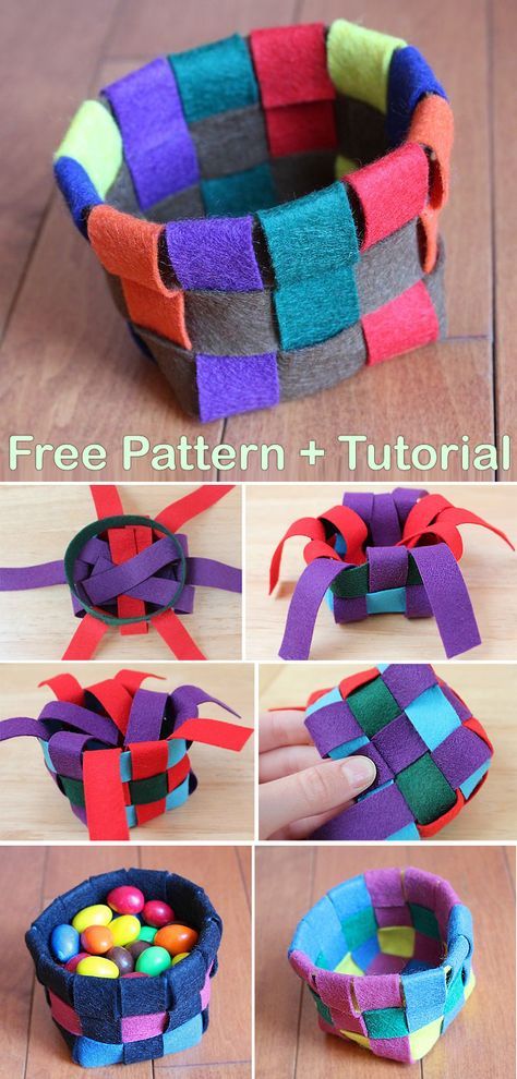 Cloth Baskets Diy, Felt Weave Basket, Diy Basket Woven Bags, Felt Basket Pattern, Woven Fabric Basket Free Pattern, No Sew Fabric Crafts Diy, Felt Basket Diy, Ahg Woven, Felt Sheet Crafts Ideas