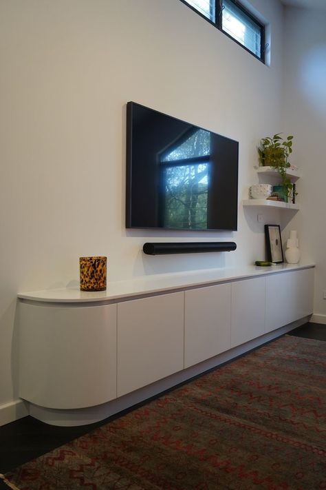 Joinery Tv Unit, Curved Edge Tv Unit, Curved Tv Cabinet, Curved Tv Unit Design, Under Tv Cabinet Ideas, Floating Tv Unit Modern, Floating Tv Cabinet Modern, Curved Tv Unit, Under Tv Cabinet