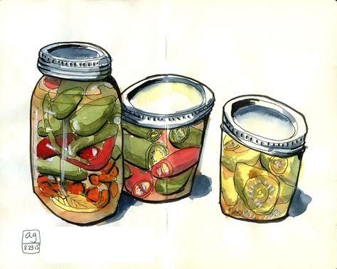 Pickled jalapeno peppers. Pickle Jar Illustration, Cookbook Drawings, Watercolour Journaling, Recipes Scrapbook, Tamil Alphabets, Lineart Inspiration, Food Studies, Pickled Jalapeno Peppers, Kosher Dill Pickles