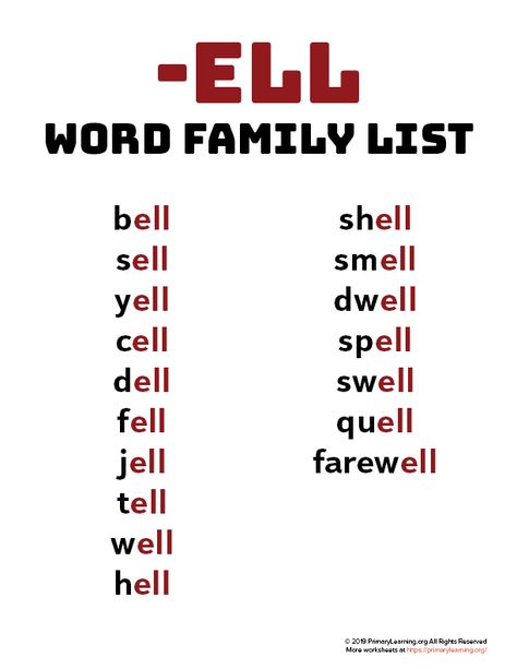 Use this word family list to introduce the sound of words ending with -ELL. Words: bell, sell, yell, cell, dell, fell, jell, tell, well, hell, shell, smell, dwell, spell, swell, quell, farewell.  #worksheets #kindergarte #phonics #wordfamily #poster https://primarylearning.org/worksheet/ell-word-family-list/?utm_source=pinterest&utm_medium=social&utm_campaign=fundamental_skills&utm_term=word_families&utm_content=word_list Aw Words, Word Family List, Phonics Chart, Word Family Worksheets, Teaching Spelling, English Phonics, Phonics Lessons, Phonics Words, Word Family