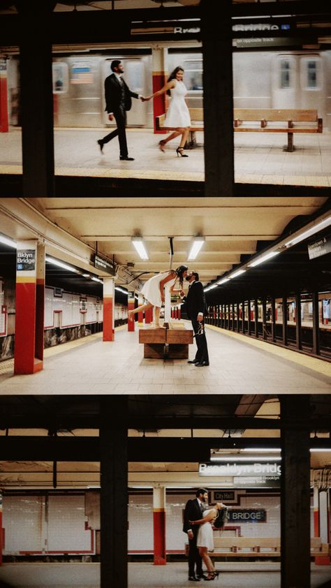 New York Prenup Shoot, Train Engagement Pictures, Airport Prewedding, New York Subway Photoshoot, Nyc Subway Engagement Photos, Subway Photoshoot Couple, Engagement Shoot Unique, Amusement Park Engagement Photos, Subway Wedding Photos