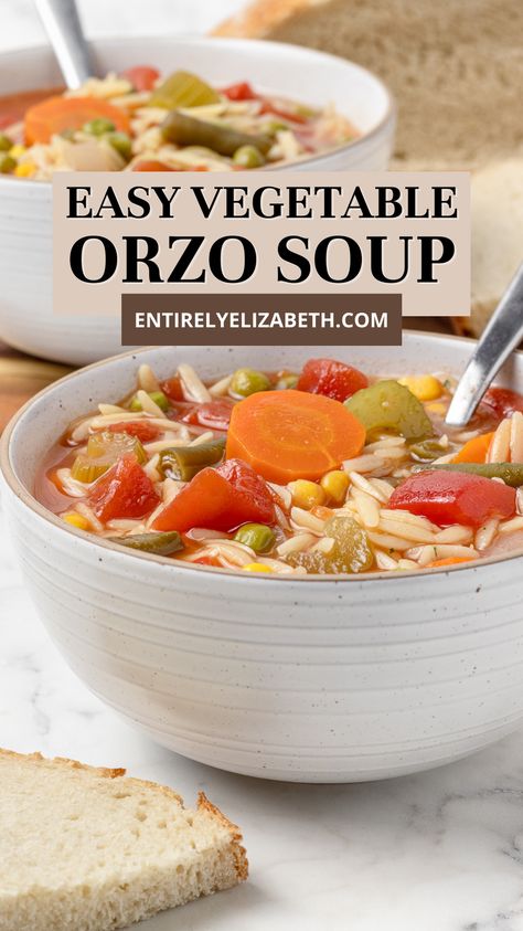 Non Meat Soups, Vegetable Soup No Meat Recipes, Easy Healthy Soup Recipes Vegetarian, Aqua Cotta Soup, Chicken Veggie Orzo Soup, Vegetable Broth Pasta, Healthy Crockpot Vegetable Soup, Orzo Veggie Soup, Easy Orzo Soup Recipes