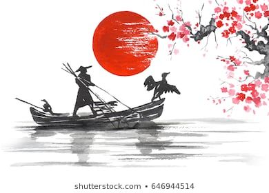 Images, photos et images vectorielles de stock de Paysage avec branches sakura, pêcheur, lac et collines dans le style traditionnel japonais sumi-e sur fond vintage à l'aquarelle.Illustration vectorielle. Hieroglyph "harmonie" similaires - 293027519 | Shutterstock Traditional Japanese Painting, Japan Traditional, Japanese Artwork, Traditional Japanese Art, Japon Illustration, Art Japonais, Japanese Painting, Sumi E, Japan Art