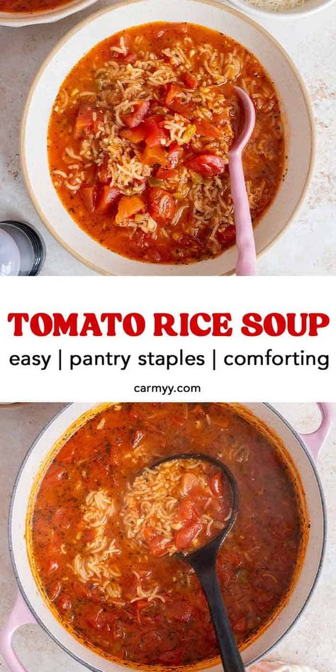 Made with a handful of pantry staples, this simple tomato rice soup is a nourishing and cozy soup that comes together super quickly and easily. It's a budget-friendly recipe that's perfect for when you're not sure what you want more dinner but want something warm and hearty. Cream Of Tomato Rice Soup, Cheesy Rice Soup, Chicken Rice Tomato Soup, Instant Pot Tomato Rice Soup, Tomato And Rice Soup, Rice And Tomato Recipe, Soup Recipes With Rice, Recipes With Tomato Soup, Red Soup Recipe