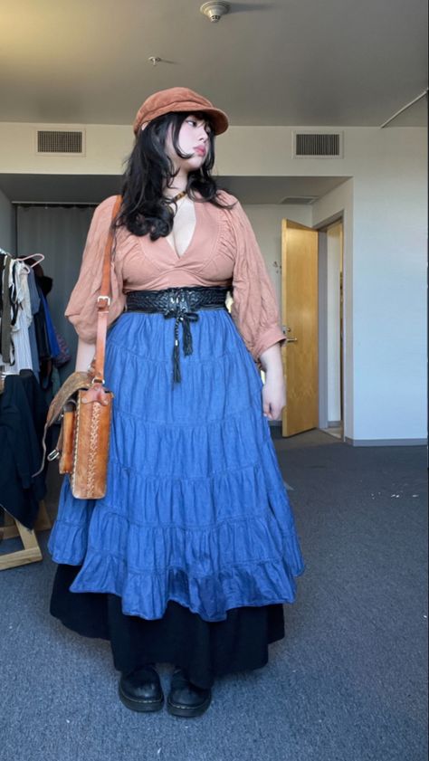 ig: Bmgaribay Plus Size Apocalypse Outfit, Plus Size Victorian Women, Plus Size Dystopian Fashion, Semi Western Outfits, Long Skirt Layering Outfit, Maxi Skirt As Dress Outfit, Chic Plus Size Fashion, Artisan Aesthetic Outfit, Outfits To Go To The Fair