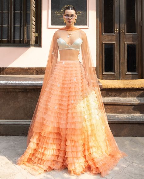 Tulle Lehenga Skirts, Tulle Lehenga, Ruffle Lehenga, Western Lehenga, Fashion Week Dresses, Coral Ombre, Dori Work, Silk Bralette, Bardot Style