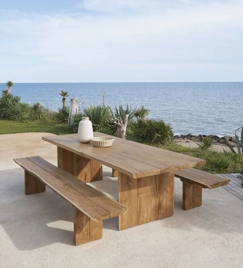 12-person garden table in solid teak with bark effect L260cm | Maisons du Monde Backyard Seating Area, Backyard Seating, Outdoor Dining Spaces, Mesa Exterior, Wood Patio, Patio Dining Table, Modern Landscaping, Garden Table, Outdoor Dining Set