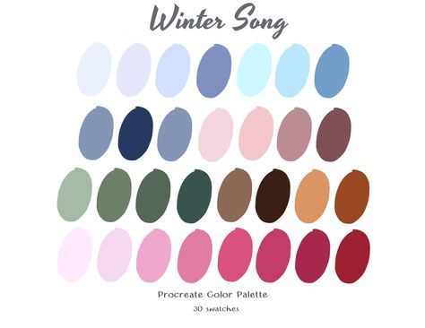 WINTER SONG  Color Palette This palette is inspired by Colors of Winter Season Procreate color palettes are very convenient for graphic design work. It will help you to choose the right color for the job without spending a lot of time, I have created this color scheme from what some really interesting things to bring to you. So that you can use it to create work as you imagine. You will receive * Procreate swatches Palette File. [Must be used with Procreate app on ipad] Download and open it up i Song Color Palette, True Winter Color Palette, Procreate Color Palettes, Color Palette Procreate, Cool Winter Color Palette, Winter Song, Soft Summer Color Palette, Christmas Color Palette, Sunrise Colors