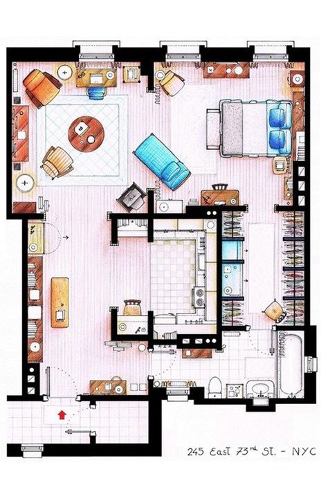 Carrie Apartment, Carrie Bradshaw Apartment, Favorite Tv Characters, Interior Design Sketches, Apartment Floor Plans, Casas The Sims 4, Sims House Plans, Architecture Design Drawing, Sims 4 Houses