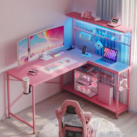 #ad Fashion Designer Desk Workspaces, Kawaii Art Studio, Budget Gaming Setup, Cool Gaming Setups, Desk Pc Build, Kawaii Furniture, Pastel Office, Gaming Essentials, L Shaped Gaming Desk