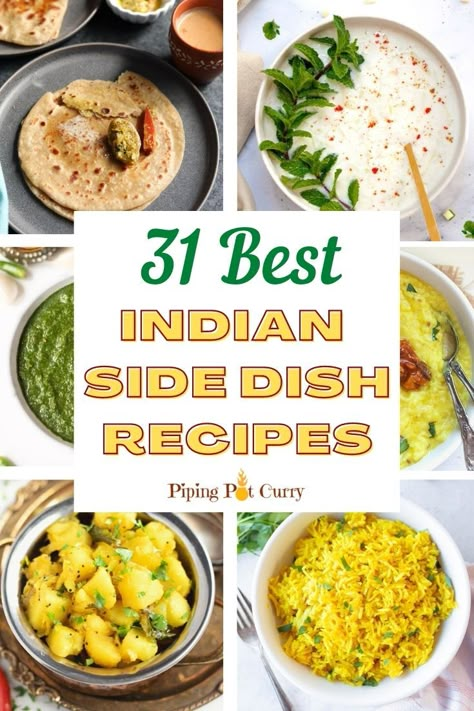 You don't have to eat Indian side dishes in a restaurant to enjoy them. There are numerous Indian side dishes that you can prepare at home, and this selection of Indian side dish recipes is ideal for anyone who is a fan of Indian cuisine! Indian Vegetable Side Dish, Curry Side Dishes, East Indian Food, Indian Cuisine Recipes, Indian Salads, Indian Dinner Recipes, Turmeric Yellow, Indian Side Dishes, Indian Dinner