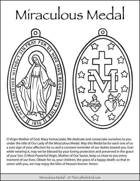 Miraculous Medal Prayer Coloring Page - TheCatholicKid.com Miraculous Mary Tattoo, Miraculous Medal Prayer, Miraculous Medal Tattoo, Catholic Coloring Pages, Prayer Cards Printable, Catholic Symbols, Mary Immaculate, Catholic Homeschool, Lives Of The Saints