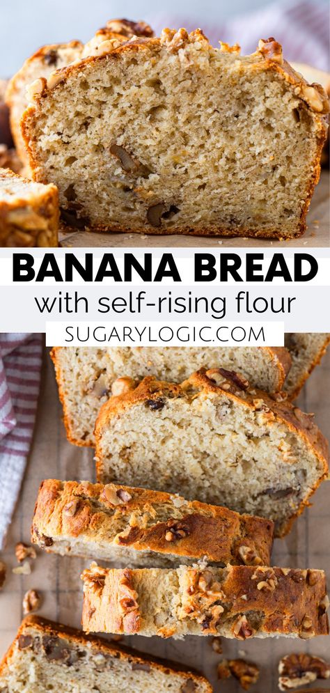 This banana bread recipe uses self-rising flour, melted butter, and buttermilk for the fluffiest, moist bread. This delicious quick bread is prepared in a single bowl, making this recipe quick and easy. The bread is fluffy and irresistible. Enjoy a slice for a quick breakfast or as an afternoon snack. Banana Muffins Self Rising Flour, Banana Bread Made With Self Rising Flour, Banana Nut Bread Recipe Using Self Rising Flour, Banana Bread Recipe Using Self Raising Flour, Banana Bread Recipe With Self Rising, Self Rising Flour Recipes Bread No Yeast, Banana Muffins With Self Rising Flour, Self Rising Flour Banana Bread Recipe, Bread Flour Banana Bread