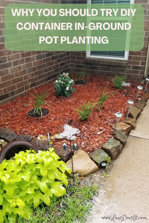 Buried Pots Garden, Potted Plant Flower Bed, In Ground Potted Plants, Buried Pots In Landscaping, Pots In Ground Landscaping, Flower Beds With Pots, Planters In Ground, Soil Prep For Flower Beds, Potted Plants In Flower Bed