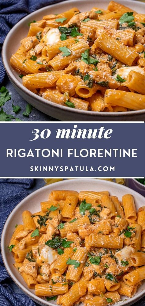 Florentine Pasta Recipes, Rigatoni Recipes Healthy, Healthy Rigatoni Pasta Recipes, Italian Pasta With Chicken, Rigatoni With Chicken, Rigatoni Florentine Recipe, Rigatoni And Chicken Recipes, Italian Chicken And Pasta Recipes, Pennoni Recipes