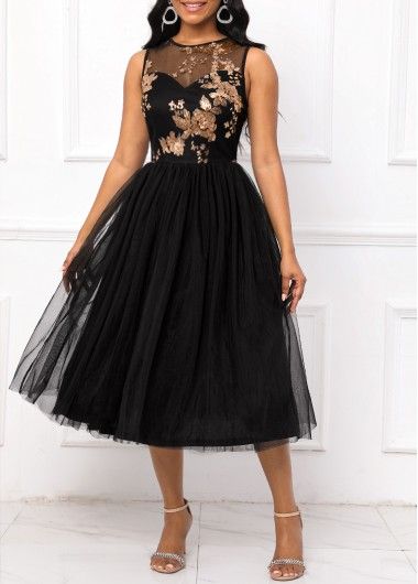 Sequin Round Neck Sleeveless Black Dress Midi Prom Dress, Queen Outfits, Sleeveless Black Dress, Latest Dress For Women, Round Neck Dress, Flowy Design, Fashion Dresses Online, Round Neck Dresses, Black Sleeveless Dress