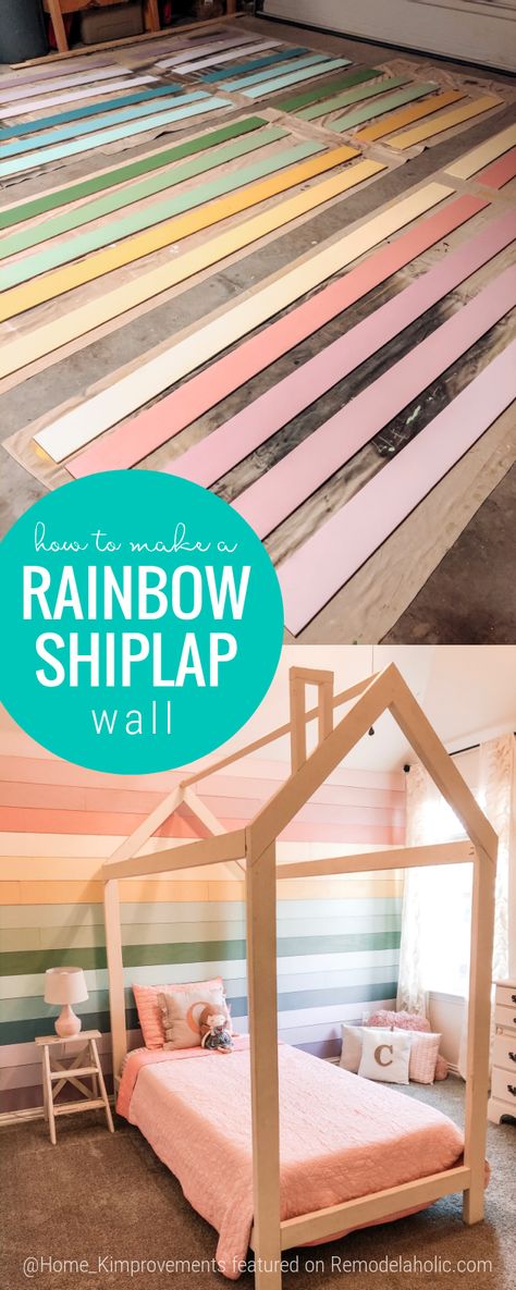 Ombre Shiplap Wall Nursery, Daughter Room Accent Wall, Rainbow Feature Wall Bedroom, Farmhouse Rainbow Bedroom, Rainbow Board And Batten, Rainbow Panel Wall, Shiplap Rainbow Wall, Farmhouse Girls Bedroom Ideas, Rainbow Accent Wall Paint