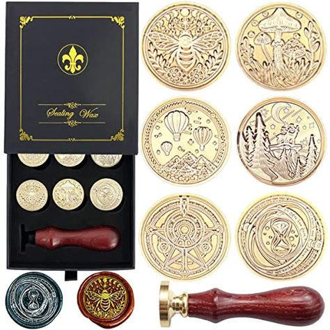 Wax Seal Stamp Hot Stamping Gift Box Set, 6 Pcs Sealing Wax Stamps Copper Seals 1 Wooden Hilt, Wax Stamp Kit for Cards Envelopes, Gift Packaging Wax Stamp Kit, Wax Stamps, Perfume Packaging, Wine Packaging, Sealing Wax, Wax Stamp, Wax Seal Stamp, Seal Stamp, Seal Stamps