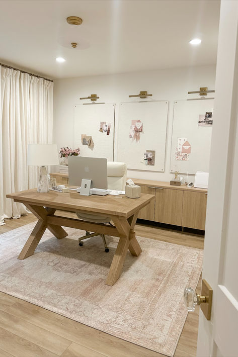 Neutral home office reveal featuring creamy whites, neutral wood tones, and pops of pink! Love the warm vibes in this spacewith the added touch of color  Home office, neutral home office, furniture favorites, aesthetic home, sideboard, vintage inspired area rug, faux linen curtain, found it on Amazon, Becki Owens rug, bulliten board, gold detial, light and bright, lighting details, lamp favorites, acrylic organization, pops of pink, creamy whites, neutral wood tones, aesthetic organization Favorites Aesthetic, Neutral Wood Tones, Home Office Neutral, Acrylic Organization, Neutral Home Office, Office Inspiration Workspaces, Room Improvement, Ideas Cuarto, Dream House Aesthetic