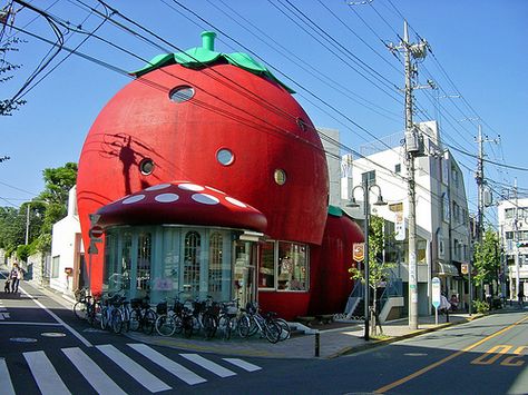 Sanrio Strawberry House Tokyo, via Flickr. Strawberry Sanrio, Strawberry House, Tokyo House, House Tokyo, Crazy Home, Crazy Houses, Unusual Buildings, Unusual Homes, Strange Places