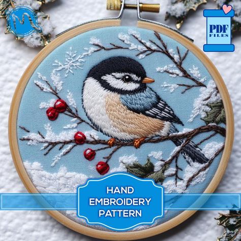 Capture the serene beauty of winter with this "Winter Blue Chickadee Bird" embroidery pattern! Featuring a delicate blue chickadee perched on a frosty branch, this design brings the tranquility of the winter season into your embroidery projects. Perfect for creating a charming piece of hoop art, a unique handmade gift, or adding a cozy touch to your home décor. This template has 6 hoop sizes ranging from 3 inches to 8 inches.  Important Note: This PDF pattern provides the design only and does not include step-by-step instructions. No physical product will be shipped. Please Note: The reference image was generated using AI to inspire creativity, while the final DMC color selection and all other design elements were thoughtfully chosen and crafted by us. Feel free to use your own judgment an Bird Embroidery Pattern, Satin Stitch Embroidery, Winter Embroidery, Chickadee Bird, Birds Embroidery Designs, Hoop Projects, Embroidery Template, Winter Blue, Embroidery Christmas