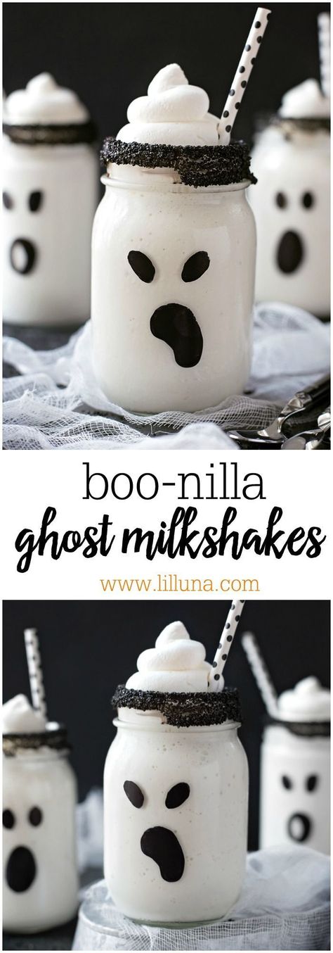 Boo-nilla Ghost Milkshakes - delicious vanilla treats turned into adorable ghosts that are perfect for Halloween! Buffet Halloween, Pasteles Halloween, Recetas Halloween, Diy Halloween Party, Halloween Fruit, Halloween Party Snacks, Halloween Foods, Spooky Treats, Halloween Baking