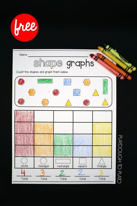 Free Shape Graphs! A fun way work on graphs, shapes counting and recognition with kindergarten and pre-k kids! #kindergarten #shapegames #mathfreebies #playdoughtoplato 2d Shapes Activities, Shapes Worksheet Kindergarten, Measured Mom, Playdough To Plato, Shapes Kindergarten, Graphing Worksheets, Prek Math, Graphing Activities, Shapes Preschool