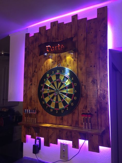 Dartboard backboard with backlight and Darts sign Home Bar Designs Man Caves, Dartboard Backboard, Dart Board Backboard, Dart Board Wall, Bar Deco, Ultimate Man Cave, Man Cave Room, Budget Interior Design, Game Room Basement