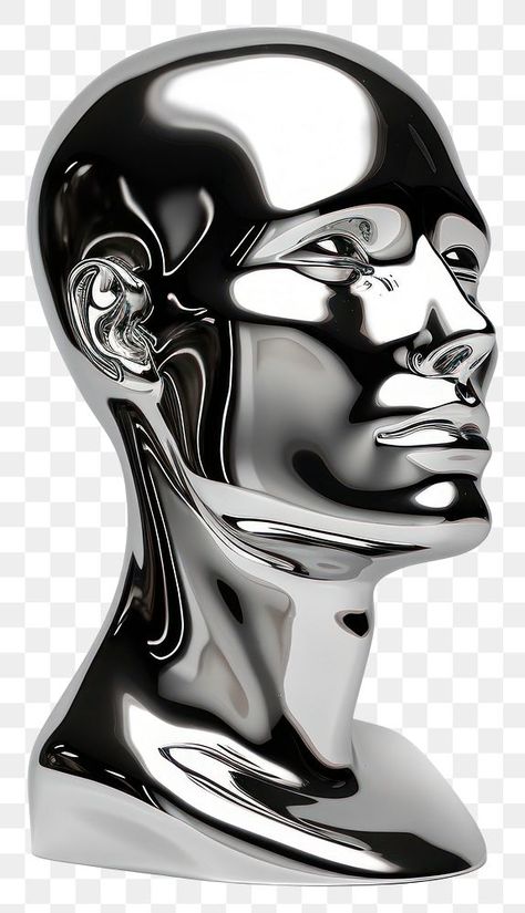 Graphic Design Sculpture, Chrome Person, Silver Reference, Black Sketches, Shadows On Face, Chrome Graphic, Metal Statue, Chrome Painting, Metallic Graphic Design