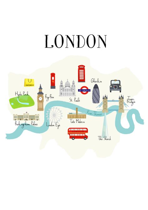 Map of London illustrated by Kathrin Wulfers London Map Aesthetic, London Scrapbook, London Map Print, London City Map, London Images, London Drawing, London England Travel, London Illustration, London With Kids