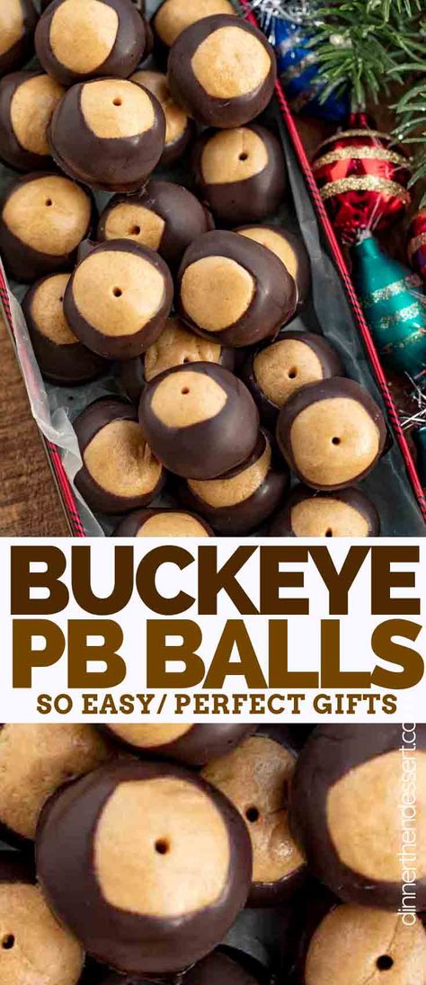 Buckeye Balls are an EASY dessert made from peanut butter balls dipped in chocolate and refrigerated to make a no-bake candy treat with only 6 ingredients! #easy #recipe #best #christmas #holidays #peanutbutter #simple #chocolate #dessert #buckeye #dinnerthendessert Simple Chocolate Dessert, Buckeye Dessert, Pb Balls, Buckeye Balls, Dipped In Chocolate, Butter Balls, Chocolate Christmas, Easy To Make Desserts, Peanut Butter Balls