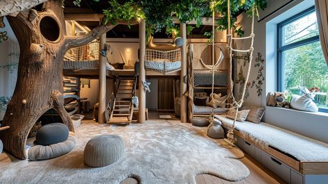 21 Luxury Playroom Ideas to Spark Imagination - Oh La De Tree House Bedroom For Boys, Bedroom Jungle Gym, Indoor Tree House Kids, Cool Kids Playroom Ideas, Basement Treehouse, Dream Playroom Kids, Indoor Play Fort, Treehouse Interior Ideas, Garage Kids Playroom