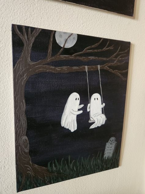 Two Ghost Painting, Ghost Painting Ideas Easy Simple, Halloween Door Painting Ideas, Halloween Easy Painting Ideas, Halloween Simple Paintings, Paint And Sip Ideas Step By Step Fall, Fall Painting Simple, Things To Paint Beginners, How To Paint Halloween Canvas