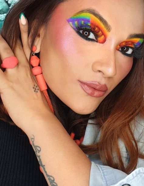 Sparkles And Lashes Pride Makeup Looks Pride Makeup Looks, Neutral Lip Color, Eyeliner Shapes, Neutral Lips, Winged Eye, Pride Flag Colors, Pride Makeup, Celebrate Diversity, Pride Colors