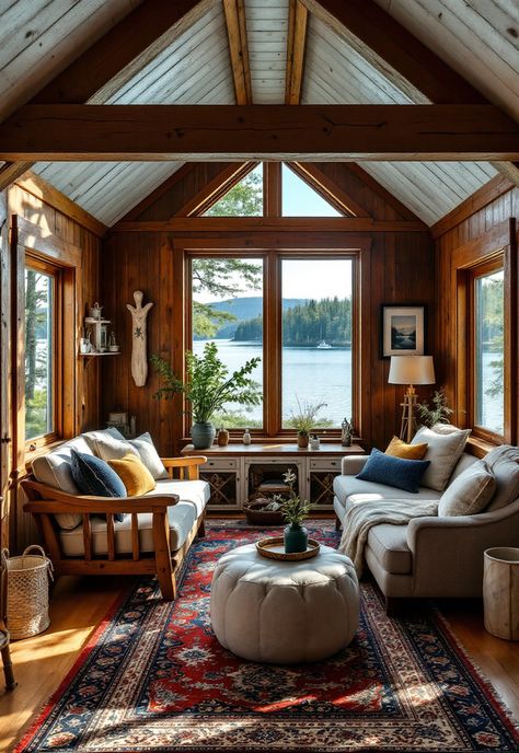 Small Cabin Interior Ideas Cozy Lake House Interior, Small Lakeside House, Maine Cabin Decor, Coastal Cabin Interior, Scandi Cabin Interior, Alaska Interior Design, Lakeside Cabin Interior, Cabin Inside Aesthetic, Lake House Interior Design Ideas