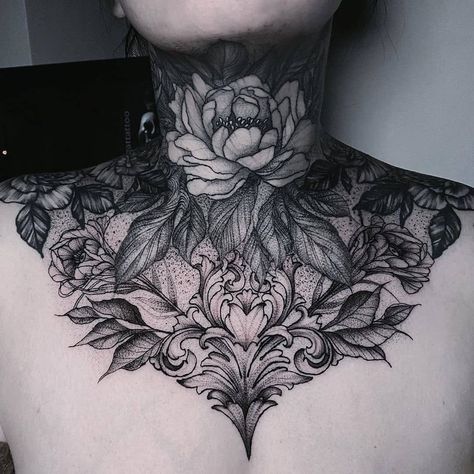 Tattoo Movie, Chest Neck Tattoo, Flower Neck Tattoo, Tattoo Decor, Front Neck Tattoo, Full Neck Tattoos, Full Chest Tattoos, Protection Sigils, Throat Tattoo