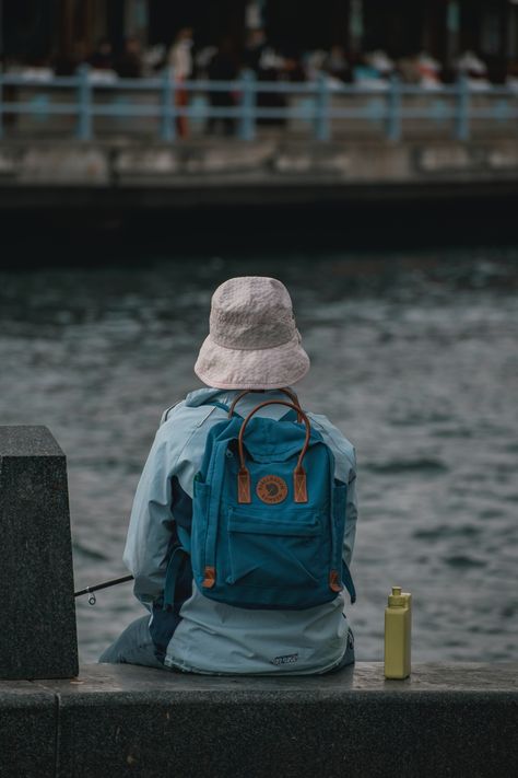 Person Wearing Backpack, Wearing Backpack, Illustration Ideas, Back View, Backpacking, Art Inspo, Bucket Hat, Carry On, Fishing