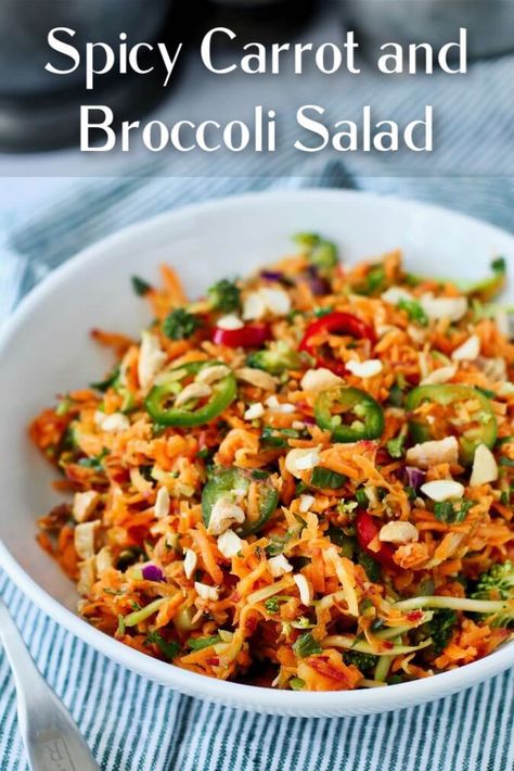 Broccoli And Carrot Salad, Spicy Broccoli Salad, Broccoli Carrot Salad, Spicy Carrot Salad, Warm Fall Salad, Salad With Broccoli, Raw Salad, Fall Salads, Spicy Broccoli