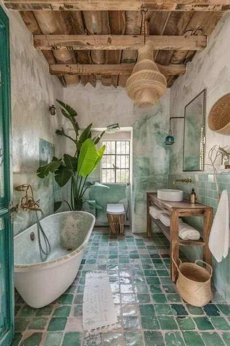 Modern Boho Tiny House, Boho Bathroom Green Tile, Bohemian Modern Bathroom, Italian Bathroom Aesthetic, Aquamarine Bathroom Ideas, Provencal Bathroom, Boho Modern Bathroom, Drømme Bad, Bathroom Boho