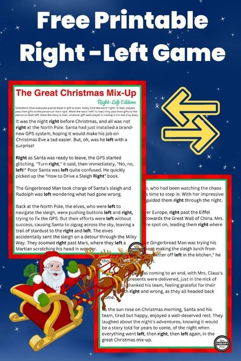 Right Left Christmas Game Printable - Free Story - Your Therapy Source Left Right Christmas Story Game Free Printable, Christmas Right Left Story, Christmas Left Right Game Printable Free, Christmas Picture Puzzle Game, Christmas Left Right Stories, Christmas Emoji Game With Answers, Christmas Picture Puzzle, Christmas Games Free Printable, Left Right Story Game Funny