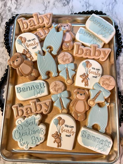 Such a cute little “We can bearly... - Sweet Creations by Bre | Facebook Bear Themed Dessert Table, We Can Bearly Wait Baby Shower Cookies, We Can Barely Wait Cookies, We Can Bearly Wait Cookies Decorated, Bearly Wait Baby Shower Cookies, Bearly Wait Cookies, We Can Bearly Wait Cookies, We Can Bearly Wait Cake, Bear Baby Shower Cookies