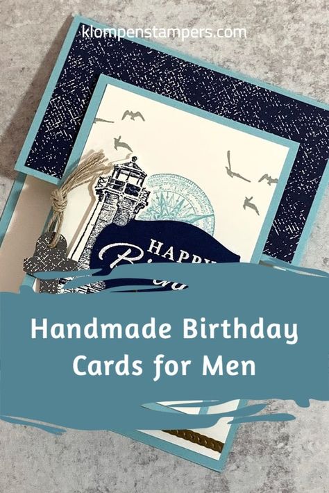 Do you need some birthday card ideas for the guys in your life? This handmade birthday card is a great fun fold card to make and super easy. This card features the Stampin’ Up! High Tide stamp set but I’ve got other examples on the blog that use other stamps. Check it out at www.klompenstampers.com #handmadebirthdaycards #diybirthdaycards #birthdaycardsforhim #masculinecards #jackiebolhuis #klompenstampers #stampinupcards #hightidestampinup Handmade Birthday Cards For Husband Ideas, Male Homemade Birthday Cards, Male Birthday Cards Handmade For Men Diy, Handmade Mens Birthday Cards Ideas, Stampin Up Husband Birthday Card, Birthday Cards For Guys Handmade, Men Birthday Card Ideas, Masculine Fun Fold Cards, Male Birthday Cards Stampin Up Simple