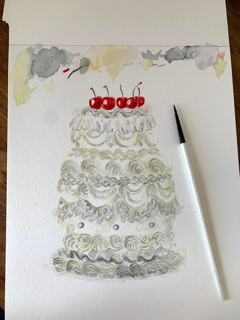 Hand Painted Watercolour Illustration Of A Piped Wedding Cake With Ruffle Layers.  Colours Depicted In Painting Are A Combination Of Soft Yellows, Greys And Dusky Pink.  5 Cherries Sit At The Top. Vintage Cake Illustration, Watercolour Wedding Cards, Wedding Cake Watercolor, Wedding Cake Illustration, Watercolour Cakes, Wedding Cake Illustrations, Wedding Cake Cards, Watercolor Wedding Cake, Painted Wedding Cake