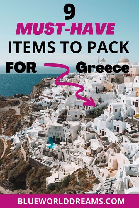 Greece Travel Must Haves, Traveling To Greece Packing Lists, What To Bring To Greece, Greek Packing List, Bucket List Greece, Travel Essentials For Greece, Greek Cruise Packing List, Santorini Packing List, Greek Vacation Clothes