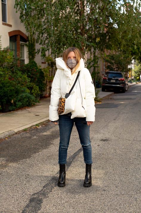 THE White Puffer Coat For Winter + Chunky Lug Sole Boots = SO Good | Found: a white winter coat that's water-resistant & filled w/ responsibly sourced down. Pairing Sweaty Betty's puffer w/ Vagabond's chunky sole boots = SO good. | #TheMomEditStyle #ChunkyHeelBooties #BlackChunkyHeelBooties #ChunkyBootsWomen #LugSoleBooties #VagabondShoemakers #WomensWhiteWinterCoat #BestWinterCoatsWomen #WaterResistantJacket #ResonsiblySourcedDown #SweatyBettyCocoonDownJacket White Winter Jacket Outfit, White Jacket Outfit Winter, Casual Winter White Puffer Jacket For Outdoor, Winter White Puffer Jacket For Cold Weather, White Puffer Jacket Outfit Winter, White Cotton Puffer Jacket For Winter, White Puffy Jacket Outfit, Oversized Winter White Puffer Jacket For Winter, White Puffer Coat Outfit