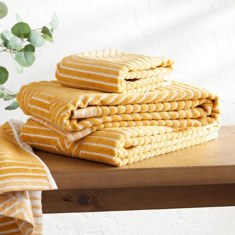 Allura Mustard And White Sculpted Geo Towel Collection - World Market Mustard Towels Bathroom, Yellow Bathroom Towels, Boho Bath Towels, Mustard Bathroom, Gold Bath Towels, Striped Bath Towels, Bath Hand Towels, Yellow Towels, Hand Towels Bathroom