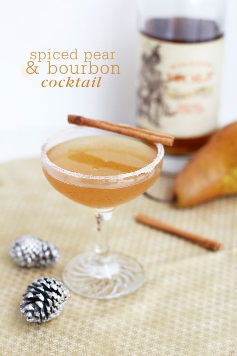 Pear Bourbon Cocktail, Spiked Drinks, Strawberry Banana Milkshake, Pear Cocktails, Bourbon Cocktail, Fall Cocktail, Thanksgiving Drinks, Spiced Pear, Festive Cocktails